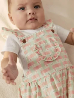 Next Pink Check Baby Dungarees and Bodysuits Set 2 Piece (0mths-2yrs)^ Rompers & Overalls