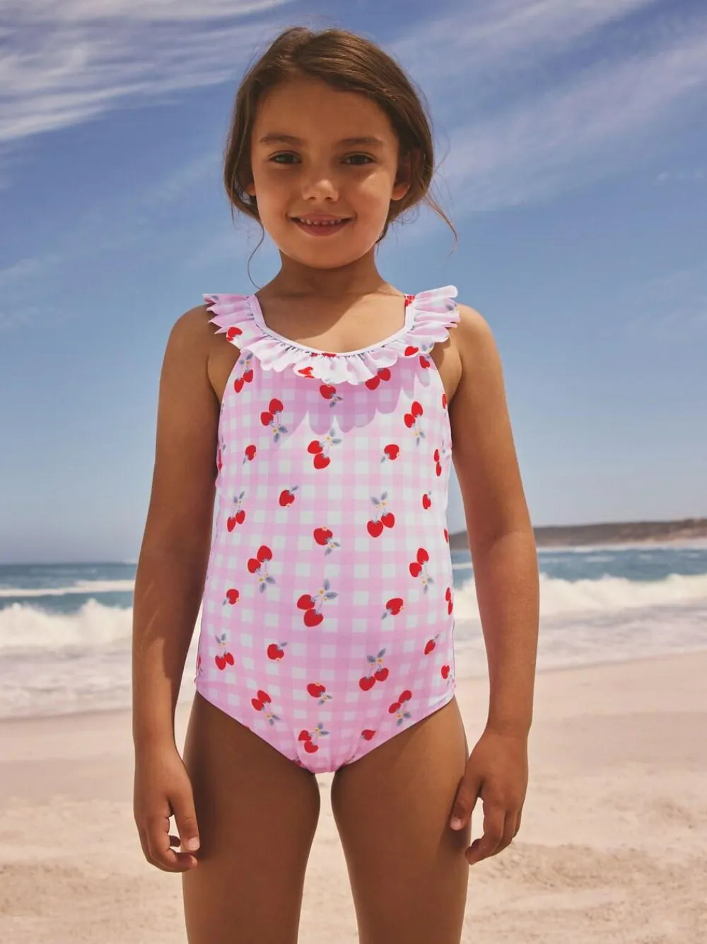 Hot Next Frill Swimsuit (3-16yrs) Pink Cherry Gingham