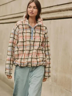 Best Next Pink/ Ecru Check Soft Touch Cosy Teddy Borg Quarter Zip Fleece