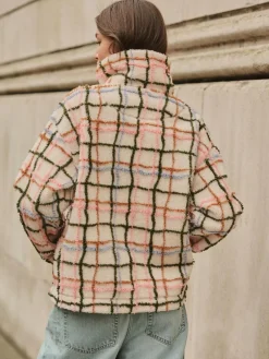 Best Next Pink/ Ecru Check Soft Touch Cosy Teddy Borg Quarter Zip Fleece