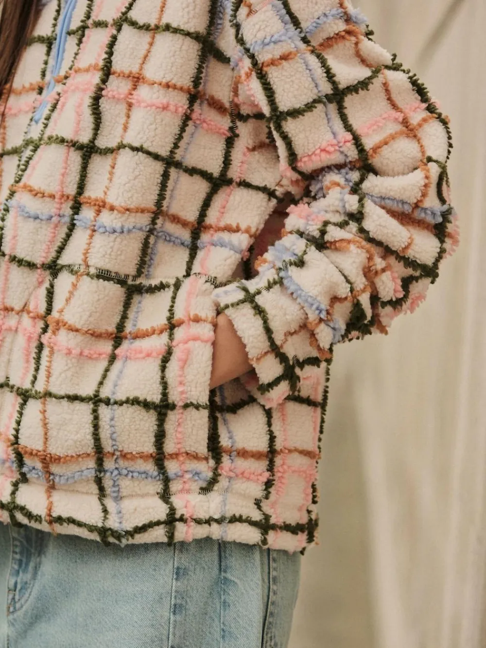 Best Next Pink/ Ecru Check Soft Touch Cosy Teddy Borg Quarter Zip Fleece