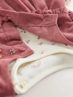 Next Pink Embroidered Baby Cord Pinafore Long Sleeve Bodysuit & Tights Set (0mths-2yrs)^ Dresses|Dresses