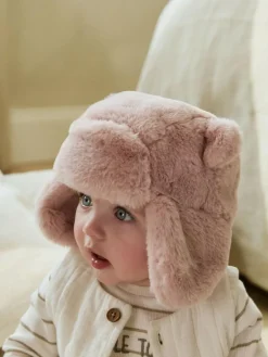 Next Pink Faux Fur Bear Baby Trapper Hat (0mths-2yrs)^ Newborn Accessories|Hats & Scratch Mitts