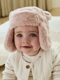 Next Pink Faux Fur Bear Baby Trapper Hat (0mths-2yrs)^ Newborn Accessories|Hats & Scratch Mitts