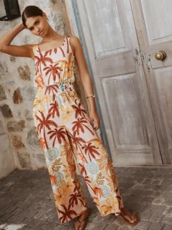 Next Pink Floral Patch Print Square Neck Wide Leg Jersey Jumpsuit^Women Jumpsuits & Playsuits