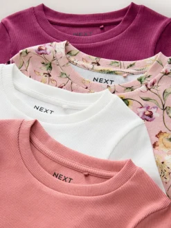 Next Pink Floral Print Long Sleeve Ribbed T-Shirts 4 Pack (3-16yrs)^ Nightwear|Tops
