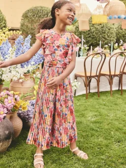 Online Next Short Sleeve Pleated Ruffle Jumpsuit (3-16yrs) Pink Floral