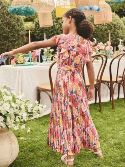 Online Next Short Sleeve Pleated Ruffle Jumpsuit (3-16yrs) Pink Floral