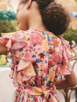 Online Next Short Sleeve Pleated Ruffle Jumpsuit (3-16yrs) Pink Floral