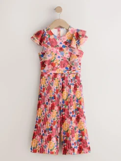 Online Next Short Sleeve Pleated Ruffle Jumpsuit (3-16yrs) Pink Floral