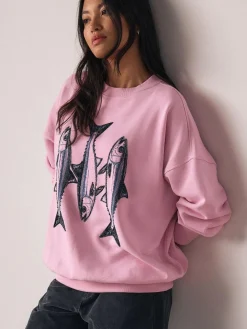 Clearance Next Pink Graphic Beaded Fish Graphic Sweatshirt
