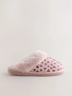 Discount Next Pink Heart Faux Fur Lined Suede Mule Slippers