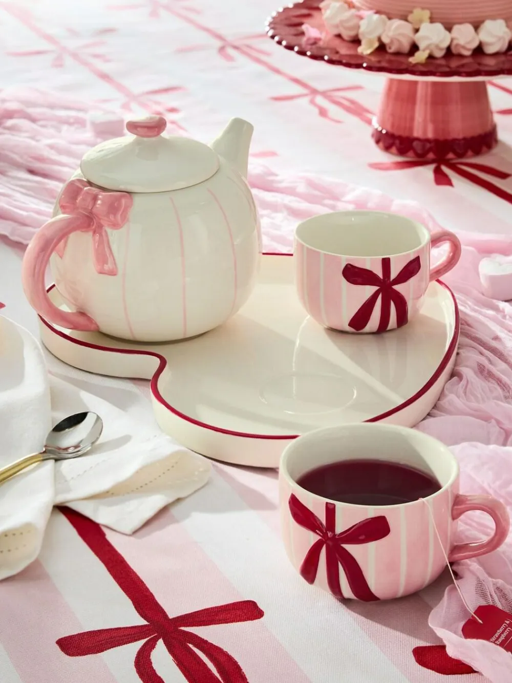 Outlet Next Pink Hearts and Bows Tea for Two Teapot Teacups and Tray