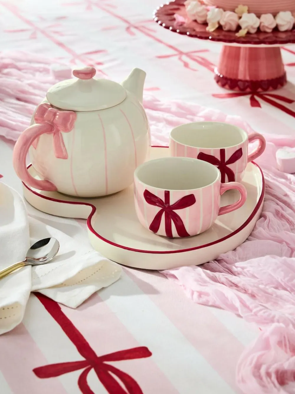 Outlet Next Pink Hearts and Bows Tea for Two Teapot Teacups and Tray