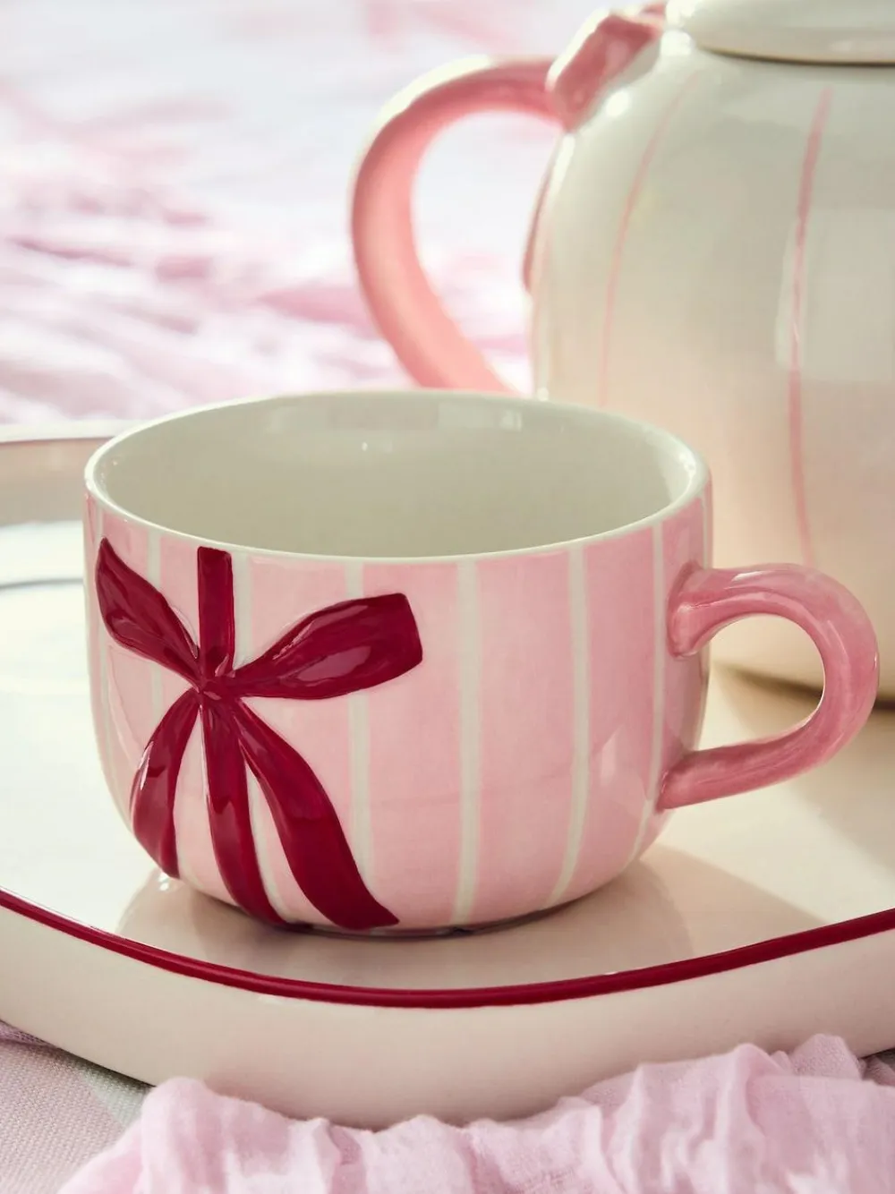 Outlet Next Pink Hearts and Bows Tea for Two Teapot Teacups and Tray