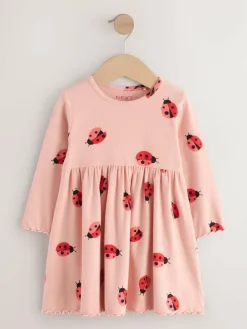 Next Pink Ladybird Long Sleeve Ribbed Dress (3mths-7yrs)^ Baby Girls|Dresses