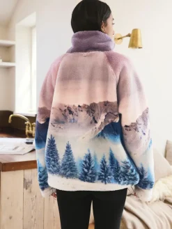 Clearance Next Printed Borg Fleece Top Pink Mountain Scene