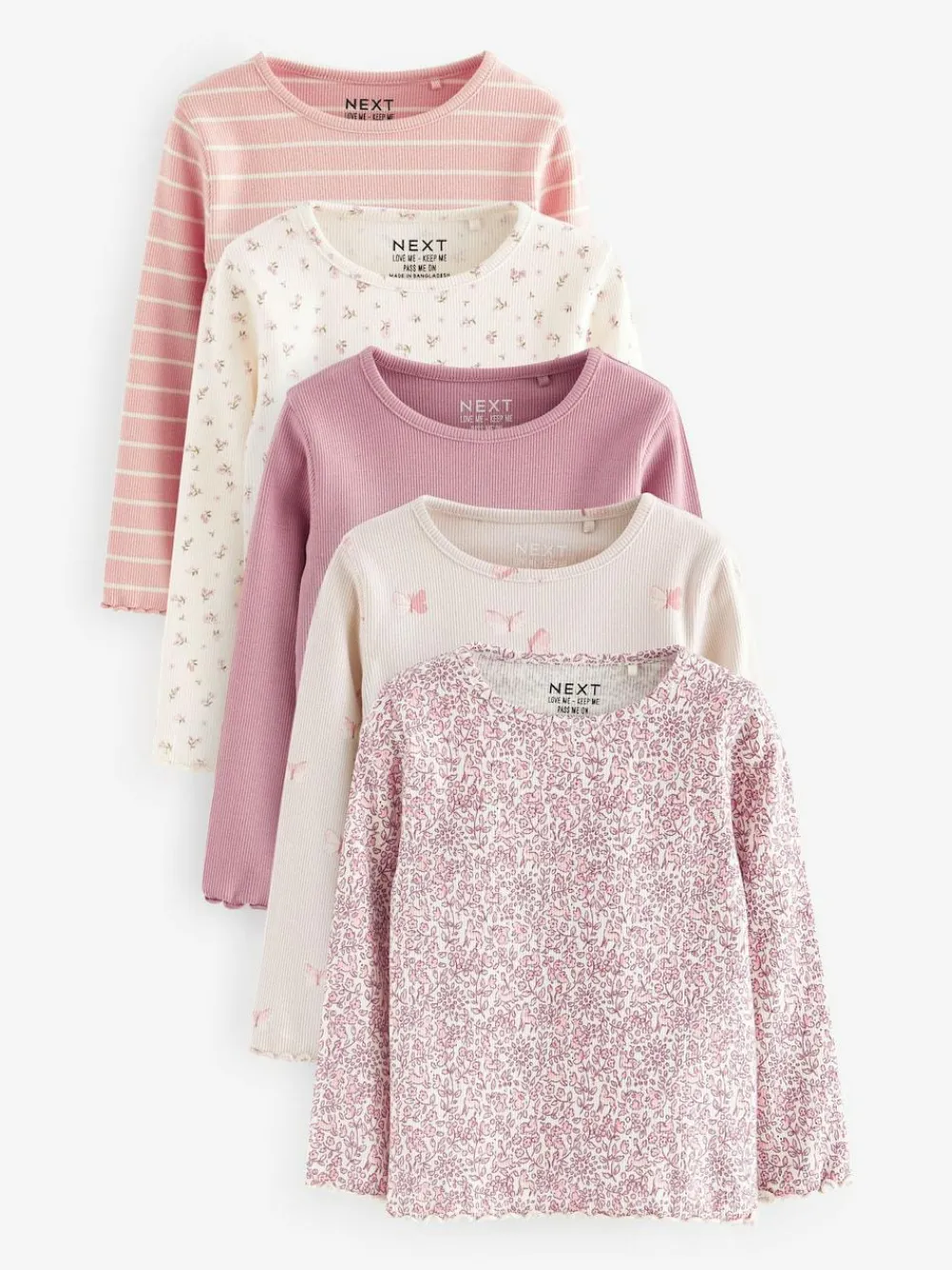 Next Ribbed Long Sleeve Tops 5 Pack (3mths-7yrs) Pink