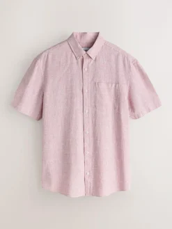 Hot Next Standard Collar Cotton Linen Blend Short Sleeve Shirt Pink