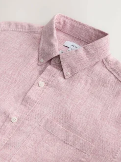 Hot Next Standard Collar Cotton Linen Blend Short Sleeve Shirt Pink