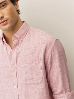 New Next Standard Collar Cotton Linen Blend Long Sleeve Shirt Pink