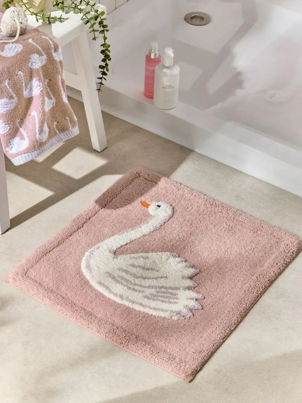Next Pink Swan Print 100% Cotton Shower Mat