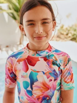 Next Pink Tropical Short Sleeve Sunsafe Rash Vest And Pant Swim Set (3-16yrs)^ Swimwear