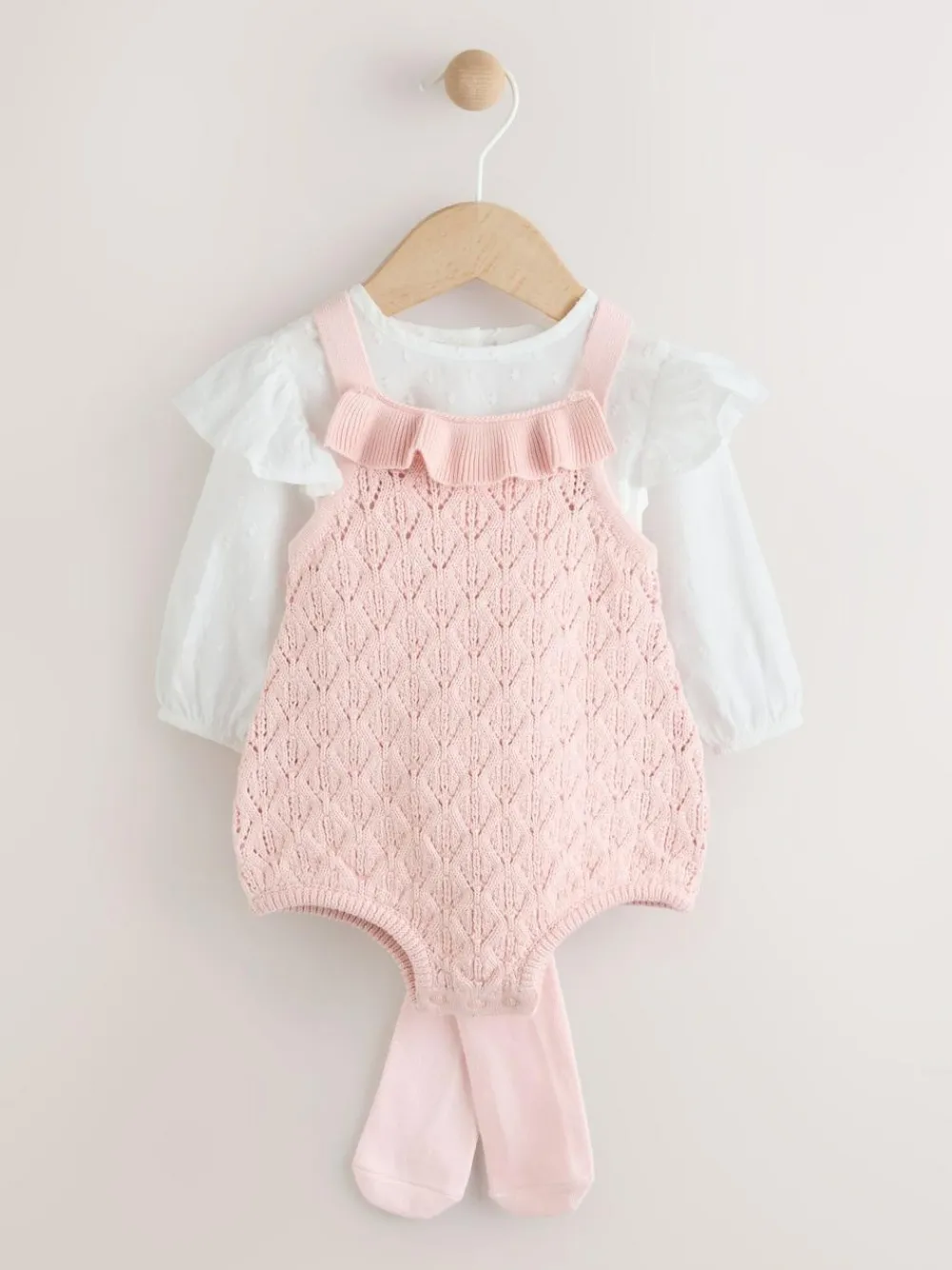 Best Next Pink/ White Baby Romper and Knitted Dungarees with Tights 3 Piece Set (0mths-2yrs)