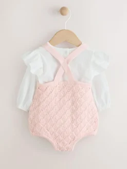 Best Next Pink/ White Baby Romper and Knitted Dungarees with Tights 3 Piece Set (0mths-2yrs)
