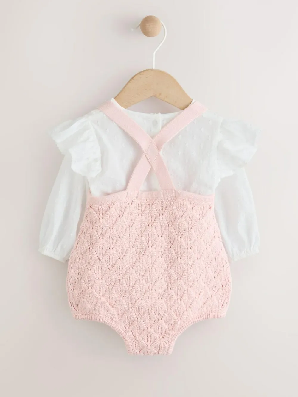 Best Next Pink/ White Baby Romper and Knitted Dungarees with Tights 3 Piece Set (0mths-2yrs)
