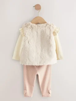 Hot Next Pink/Cream Baby Fur Gilet, Top and Leggings 3 Piece Set (0mths-2yrs)