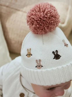 Best Next Pink/Cream Embroidered Bunny Character Pom Knitted Hat (0mths-2yrs)