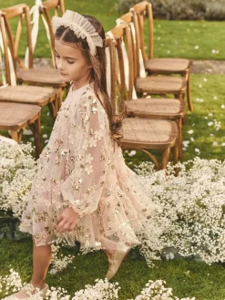 Discount Next Pink/Gold Embroidered Sequin Long Sleeve Mesh Occasion Dress (4-14yrs)