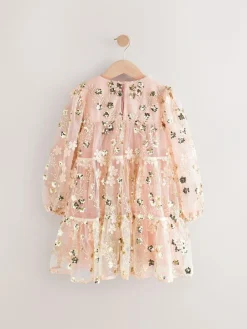 Discount Next Pink/Gold Embroidered Sequin Long Sleeve Mesh Occasion Dress (4-14yrs)