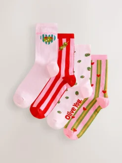 Online Next Pink/Green 'Olive You' Ankle Socks 4 Pack Pink/Green 'Olive You'