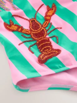 Next Pink/Green Stripe Beaded Embellished Tummy Control Scoop Swimsuit^Women Swimwear