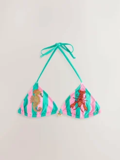 Next Pink/Green Stripe Beaded Embellished Triangle Bikini Top^Women Swimwear
