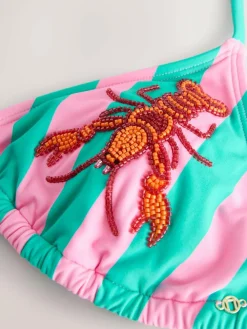 Next Pink/Green Stripe Beaded Embellished Triangle Bikini Top^Women Swimwear