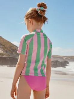 Hot Next Sunsafe Rash Vest Bikini And Scrunchie Swim Set (3-16yrs) Pink/Green Stripe