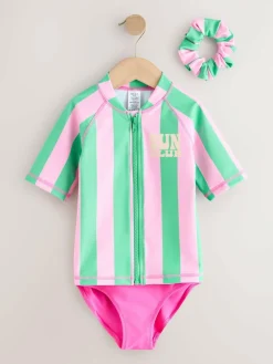 Hot Next Sunsafe Rash Vest Bikini And Scrunchie Swim Set (3-16yrs) Pink/Green Stripe