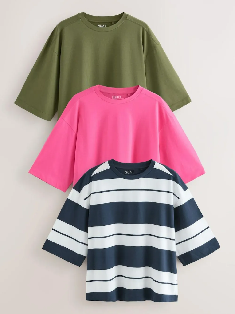 Outlet Next Elbow Length Crew Neck 100% Cotton T-Shirts 3 Pack Pink/Khaki/Stripe