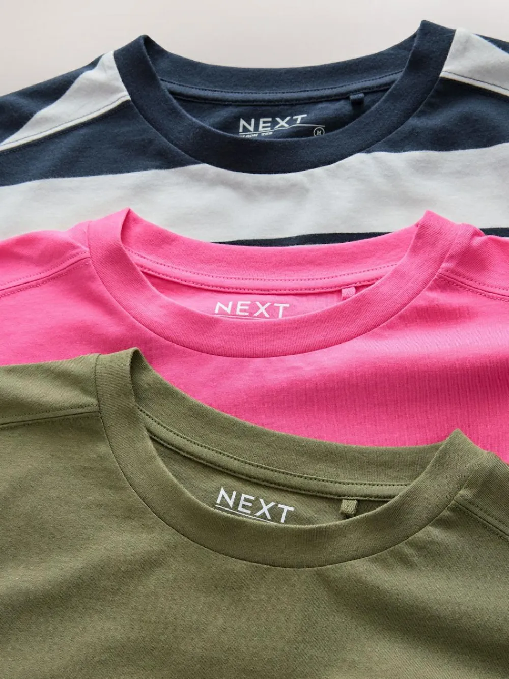 Outlet Next Elbow Length Crew Neck 100% Cotton T-Shirts 3 Pack Pink/Khaki/Stripe