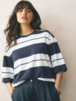 Outlet Next Elbow Length Crew Neck 100% Cotton T-Shirts 3 Pack Pink/Khaki/Stripe