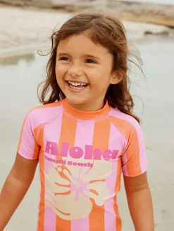 Clearance Next Short Sleeved Sunsafe Swim Set (3mths-10yrs) Pink/Orange Stripe Hibiscus
