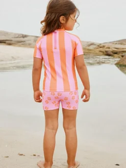 Clearance Next Short Sleeved Sunsafe Swim Set (3mths-10yrs) Pink/Orange Stripe Hibiscus