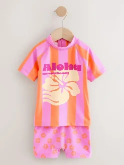 Clearance Next Short Sleeved Sunsafe Swim Set (3mths-10yrs) Pink/Orange Stripe Hibiscus