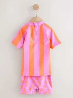 Clearance Next Short Sleeved Sunsafe Swim Set (3mths-10yrs) Pink/Orange Stripe Hibiscus