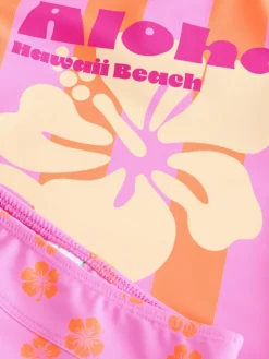 Clearance Next Short Sleeved Sunsafe Swim Set (3mths-10yrs) Pink/Orange Stripe Hibiscus