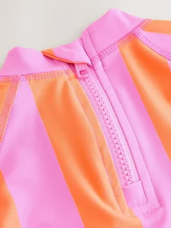 Clearance Next Short Sleeved Sunsafe Swim Set (3mths-10yrs) Pink/Orange Stripe Hibiscus