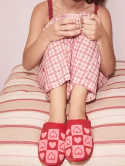 Next Pink/Red Borg Mule Check Heart Slippers^Women Slippers